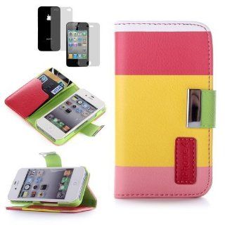 Premium Multi function Painting Series Iphone 4 4s Wallet Leather Case Cover & Credit Card Holder and Phone Stand and Lanyard   Multicolored Yellow, Red and Green: Cell Phones & Accessories