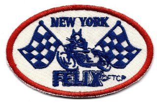 Black cat FELIX the Cat holding checkered flag riding motorcycle drag race Embroidered Iron On / Sew On Patch Applique ~ New York: Everything Else