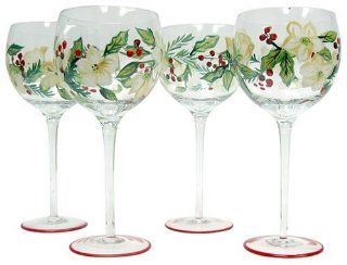Block Basics Poinsettia Balloon Wine Glasses, Set of 4: Red Wine Glasses: Kitchen & Dining