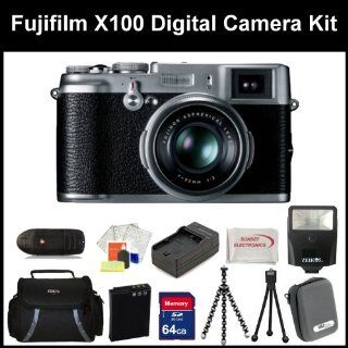 Fujifilm X100 Digital Camera Kit Includes: Fujifilm X 100 Camera, Extended Life Replacement Battery, Rapid Travel Charger, 64GB Memory Card, Memory Card Reader, Camera Flash, Gripster Tripod, Table Top Tripod, Cleaning Kit, LCD Screen Protectors, SSE Micro