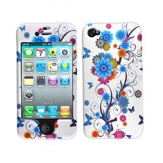 Hard Plastic Snap on Cover Fits Apple iPhone 4 4S Blue Flower and Butterfly Rubberized AT&T (does NOT fit Apple iPhone or iPhone 3G/3GS or iPhone 5/5S/5C): Cell Phones & Accessories