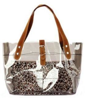 Mis Adelita Vinyl Clear Transparent Carrier Beach Hand Carry Tote + Cheetah Print Cosmetic Bag (Gray): Shoes
