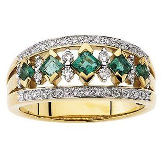 14Ky/Rhodium Bridal Genuine Emerald/Diamond Anniversary Band 14K Yellow Gold 1/4 Ct Tw: Jewelry