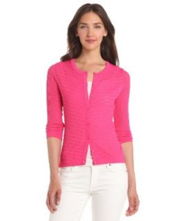 Evolution by Cyrus Women's 3/4 Sleeve Pointelle Crew Neck Cardigan, Pink, Small Cardigan Sweaters