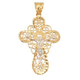 14k Two Tone Gold Layered Cross Crucifix Pendant: Jewelry