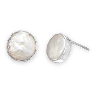 Cultured Freshwater Coin Pearl Stud Earrings 925 Sterling Silver: Jewelry