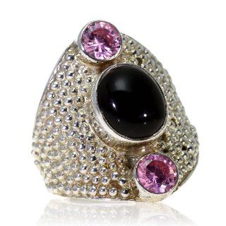 Black Onyx, Pink Topaz Women Ring (size 6.50) Handmade 925 Sterling Silver hand cut Black Onyx, Pink Topaz color Black 16g, Nickel and Cadmium Free, artisan unique handcrafted silver ring jewelry for women   one of a kind world wide item with original Bla