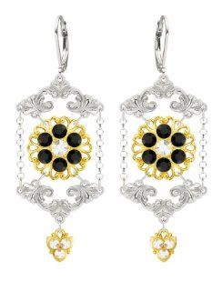Lucia Costin Chandelier Earrings Decorated with Suspended Chains, White, Black Swarovski Crystals and Fancy Charms; .925 Sterling Silver with 24K Yellow Gold over .925 Sterling Silver; Handmade in USA: Drop Earrings: Jewelry