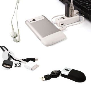 Computer Desk Organizer Accessories Kit ; Compact Retractable Cord Mini Mouse + White Mobile Phone Charger USB 2.0 HUB + x2 White Cable Organizers + White Universal Earbud Earphones for Acer Aspire S3 951! : Office Desk Organizers : Office Products