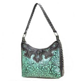 Montana West Western Genuine Leather Classic Small Round Rivet Studded Floral Embossed Unique Woven Handle Tote Satchel Hobo Shoulder Handbag Purse in Turquoise: Clothing