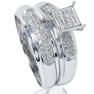 1/2CT Pave Diamond Pave Cluster Engagement Wedding Ring Set 14K White Gold: Wedding Ring Sets: Jewelry
