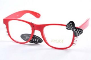 Womens Retro Fashion Kitty Clear Lens Glasses w/ Rhinestone Bow and Whiskers Red: Clothing