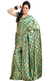 Celadon Green and Peach orange Crepe Silk and Jacquard Printed Saree in Large Size: Clothing