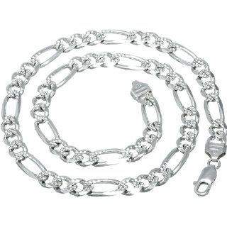 8mm Men's Real Solid 925 Sterling Silver Diamond Cut Figaro Link Chain Pave Textured Necklace or Bracelet (20 Inches): Jewelry