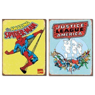 Nostalgic Superhero Tin Metal Sign Bundle   2 comic book hero signs: Spider Man Retro & Justice League of America Retro 0114   Decorative Signs