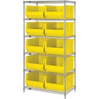Quantum Storage Systems WR6 974YL 6 Tier Complete Wire Shelving System with 10 QUS974 Yellow Hulk Bins, Chrome Finish, 30" Width x 36" Length x 74" Height: Industrial & Scientific