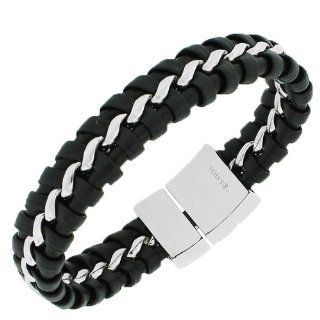Stainless Steel Black Leather Silver Tone Braided Link Chain Mens Bracelet: Bangle Bracelets: Jewelry