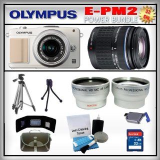 Olympus PEN E PM2 White 16MP Digital Camera   Olympus 14 42mm Lens   Olympus 40 150mm Lens   Wide Angle and Telephoto Zoom Lens   32GB SDHC Memory Card   USB Memory Card Reader   Memory Card Wallet   Carrying Case   Lens Cleaning Kit   Full Size and Mini T