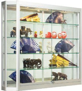 Silver Aluminum Glass Display Cabinet, 47 1/4 x 39 1/2 x 8 Inch, That Is Illuminated, Wall Mounted, Has Locking Sliding Glass Doors, And Ships Fully Assembled  Home Office Furniture  