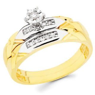 14K Yellow and White 2 Two Tone Gold Women's Round cut Diamond Enagagement Ring and Wedding Band 2 Pieces Bridal Set (0.13 CTW., G H Color, SI Clarity): The World Jewelry Center: Jewelry