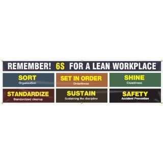 Accuform Signs MBR986 Reinforced Vinyl 6S Workplace Banner "REMEMBER! 6S FOR A LEAN WORKPLACE: SORT, SET IN ORDER, SHINE, STANDARIZE, SUSTAIN, SAFETY" with Metal Grommets, 28" Width x 8' Length: Industrial Warning Signs: Industrial &