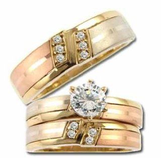 14k Tricolor Gold, Trio Three Piece Wedding Ring Set with Lab Created Gems: Jewelry