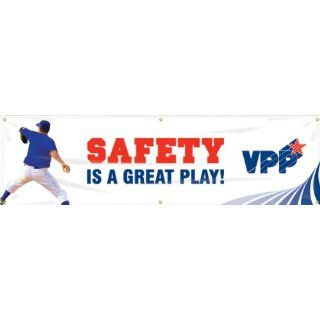 Accuform Signs MBR961 Reinforced Vinyl Motivational VPP Banner "SAFETY IS A GREAT PLAY!" with Metal Grommets and Baseball Graphic, 28" Width x 8' Length: Industrial Warning Signs: Industrial & Scientific