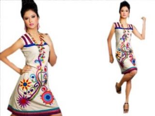 White Cotton Multi Color Embroidered Sleeve Less Dress at  Womens Clothing store