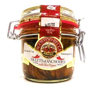 Agostino Recca Fillets of Anchovies in Pure Olive Oil w/ Hot Pepper 8.1 oz : Packaged Anchovies : Grocery & Gourmet Food