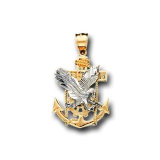 14K Yellow Two Tone Gold Eagle Anchor Charm Pendant: Pendant Necklaces: Jewelry