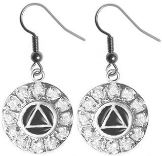 Alcoholics Anonymous Symbol Earrings, #966 6, Ster., AA Recovery Symbol W/ Black Enamel Inlay, 12 Clear Cz's, for Each Step: Dangle Earrings: Jewelry
