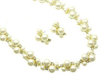 Fashion Jewelry ~ Cream Faux Pearls Accented with Crystals Goldtone Necklace and Earrings Set (Style NFS58 0158GDCL ri): Jewelry