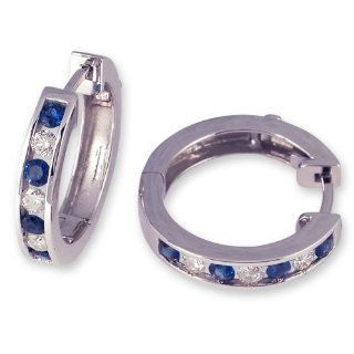 1.15 Carat Channel Set Diamond & Sapphire Earrings in 14k White Gold (with Safety Lock): Hoop Earrings: Jewelry