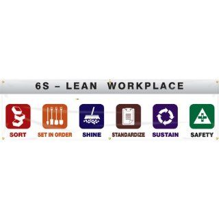 Accuform Signs MBR987 Reinforced Vinyl 6S Workplace Banner "6S   LEAN WORKPLACE: SORT, SET IN ORDER, SHINE, STANDARIZE, SUSTAIN, SAFETY" with Metal Grommets, 28" Width x 8' Length: Industrial Warning Signs: Industrial & Scientific