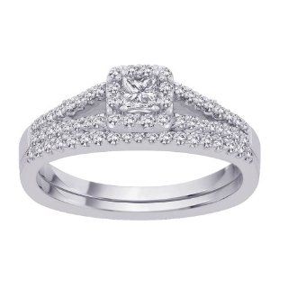 Split Shank Square Halo Style Bridal Engagement Ring with Matching Euro Shank Band with Princess Cut Center Diamond in 14K White Gold (1/2 cttw, G H Color, SI2 I1 Clarity): Katarina: Jewelry