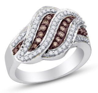 10K White Gold Channel Set Round Brilliant Cut Chocolate Brown and White Diamond Ladies Womens Fashion, Wedding Ring OR Anniversary Band (1/2 cttw.): Jewelry