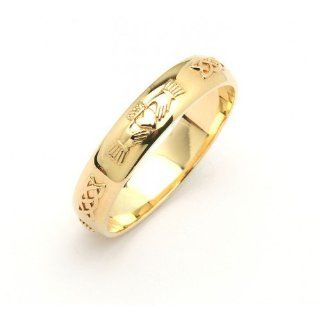 Mens 14k Yellow Gold Beveled Rounded Claddagh Irish Wedding Ring Wedding Bands Jewelry