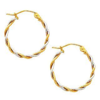 14K Yellow and White 2 Two Tone Gold Twisted Hoop Earrings (0.7" or 17mm Diameter) Jewelry