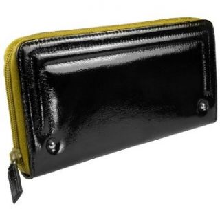Women's Zip Clutch Patent Leather Checkbook Wallet: Black/Green: Clothing