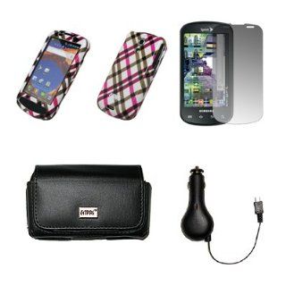 EMPIRE Black Leather Case Pouch with Belt Clip and Belt Loops + White with Hot Pink Plaid Stripes Design Snap On Cover Case + Screen Protector + Retractable Car Charger (CLA) for Samsung Epic 4G: Cell Phones & Accessories