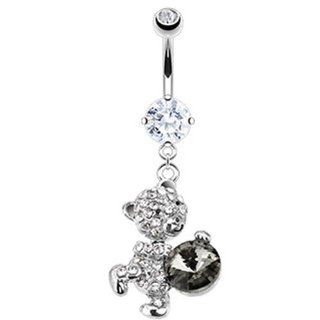 316L Surgical Stainless Steel Large CZ Snuggling Dangle Teddy Bear Paved Gem Navel Belly Button Ring   14 GA 3/8" Long: Belly Button Piercing Rings: Jewelry