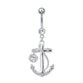 Stainless Steel Dangling Jeweled Anchor Belly Ring With Single Stone Dangle (CLEAR STONES): Jewelry