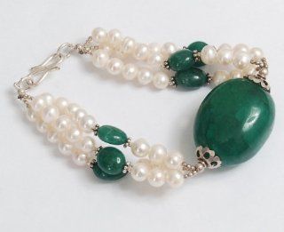AAA Quality Natural Green Emerald & Fresh Water Pearl Beaded Fresh Water Bracelet Jewelry