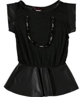 Almost Famous Big Girls Peplum Faux Leather Shirt With Necklace (14/16, Black): Clothing