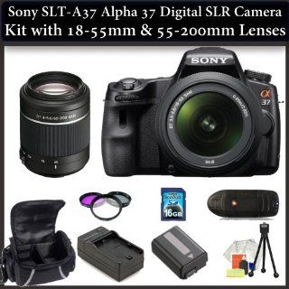 Sony Alpha SLT A37K Digital Camera Kit with 18 55mm & 55 200mm Lenses. Also Includes: 3 Piece Filter Kit(UV CPL FLD), 16GB Memory Card, Memory Card Reader, Extended Life Replacement Battery, Rapid Travel Charger, Table Top Tripod, LCD Screen Protectors