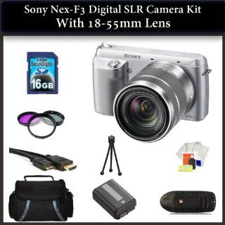 Sony NEX F3 Digital SLR Camera Kit with 18 55mm Lens(Silver). Also Includes: 3 Piece Filter Kit(UV CPL FLD), 16GB Memory Card, Memory Card Reader, Extended Life Replacement Battery, HDMI Cable, Table Top Tripod, LCD Screen Protectors, Cleaning Kit & La