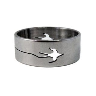 1x 8mm Flat Stainless Steel Ring Band, Hollow Engraved Bird Design   Size 18 (Also available in size 19)