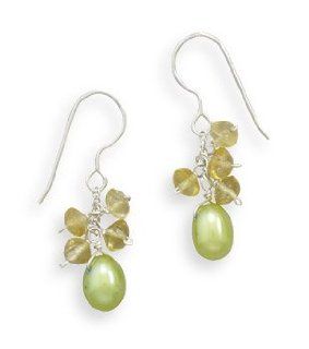 Green cultured freshwater pearl and citrine earrings hang from french wires. Earrings hang approximately 31mm. Citrine pieces measure 4.5mm. Pearls measure 6mm.: Necklace: Jewelry