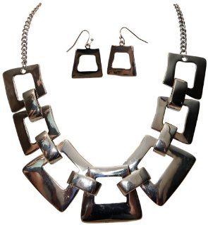 Chunky Bold Flat Square Linked Metal Geometric Design Silver Tone Statement Necklace & Earrings Fashion Jewelry: Jewelry Sets: Jewelry
