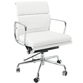 LexMod Discovery Mid Back Leather Conference Office Chair in White Genuine Leather   Desk Chairs